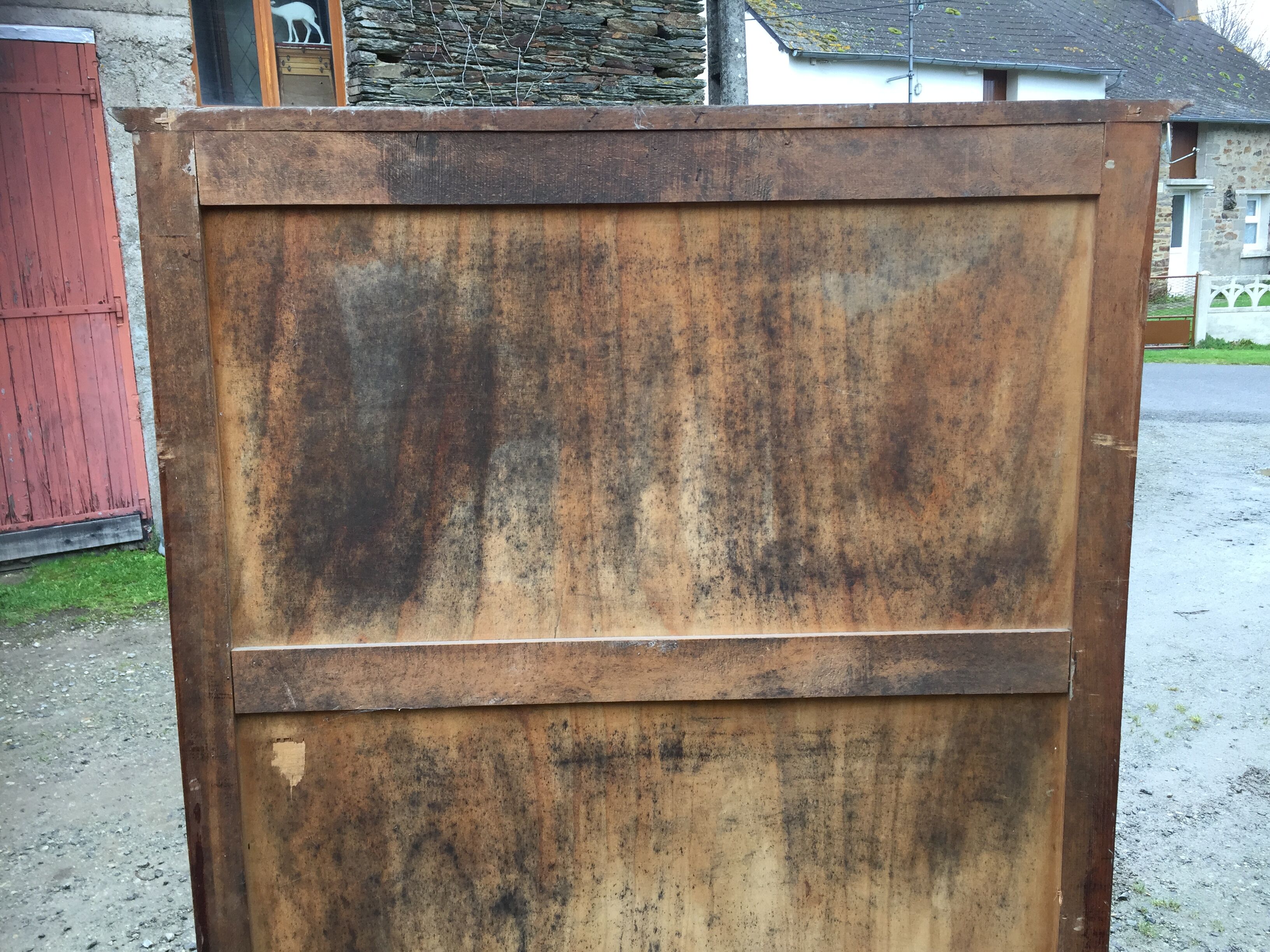 Vintage oak compass foot cabinet with 2 sliding doors painted red and blue
