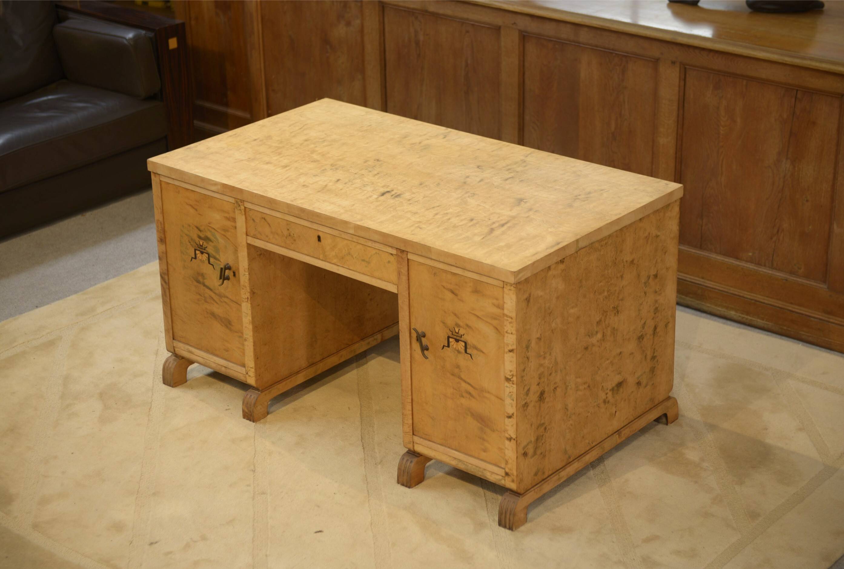 English desk in birch veneer with bee pattern marquetry from the 1950s.