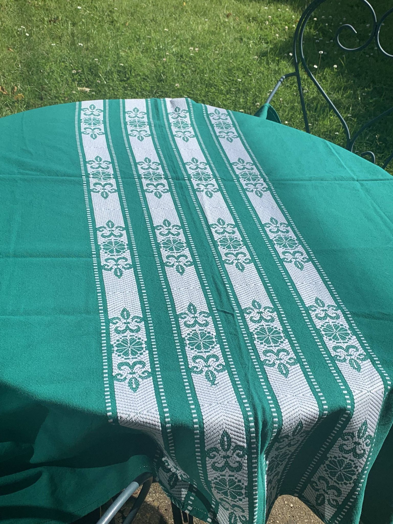 Helena Biarritz tablecloth, made in France, Basque linen, green with white embroidery, Vintage