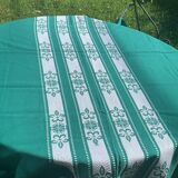 Helena Biarritz tablecloth, made in France, Basque linen, green with white embroidery, Vintage