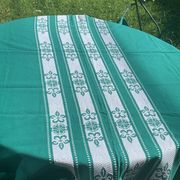 Helena Biarritz tablecloth, made in France, Basque linen, green with white embroidery, Vintage