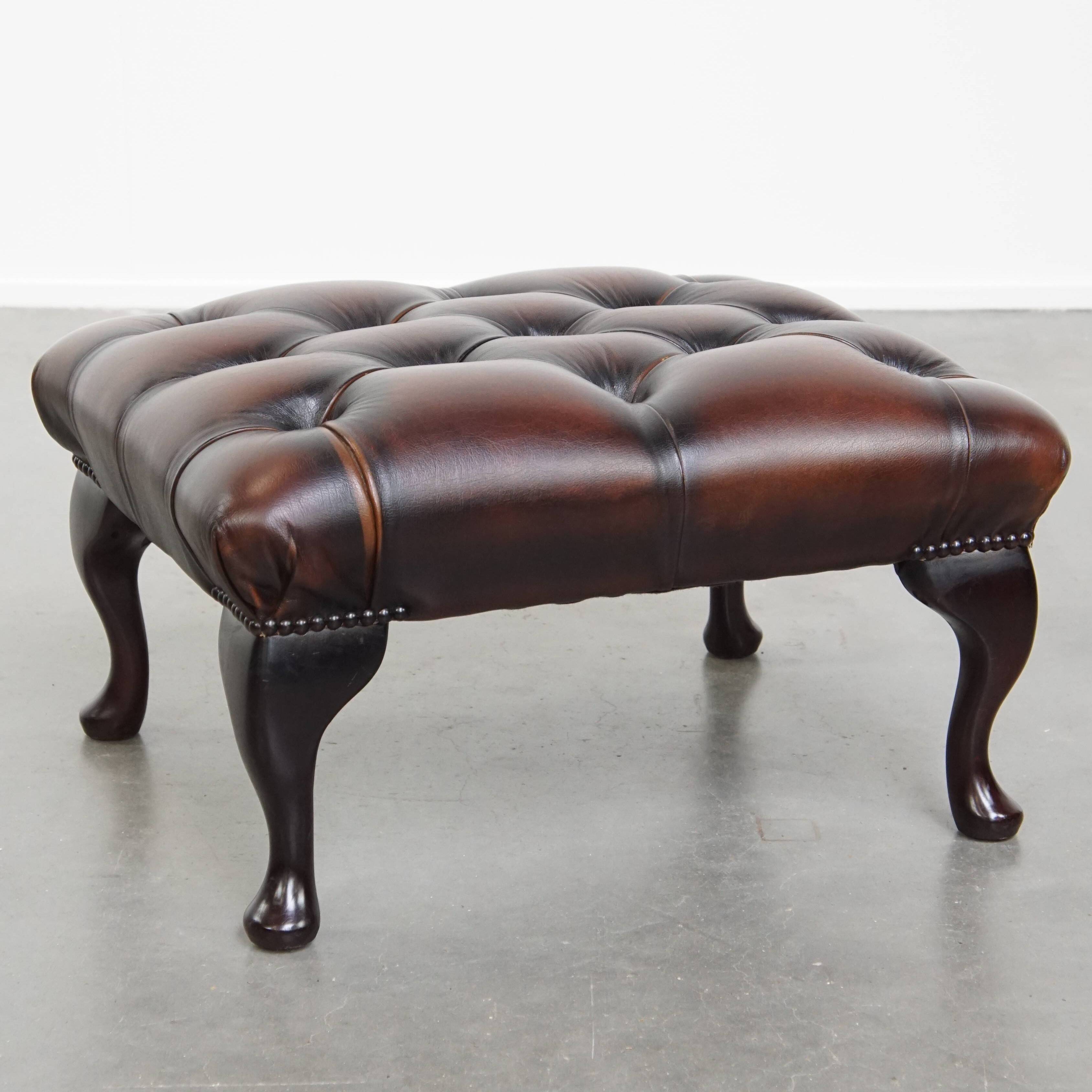 Dark Brown Chesterfield Ottoman Made of Cowhide Leather