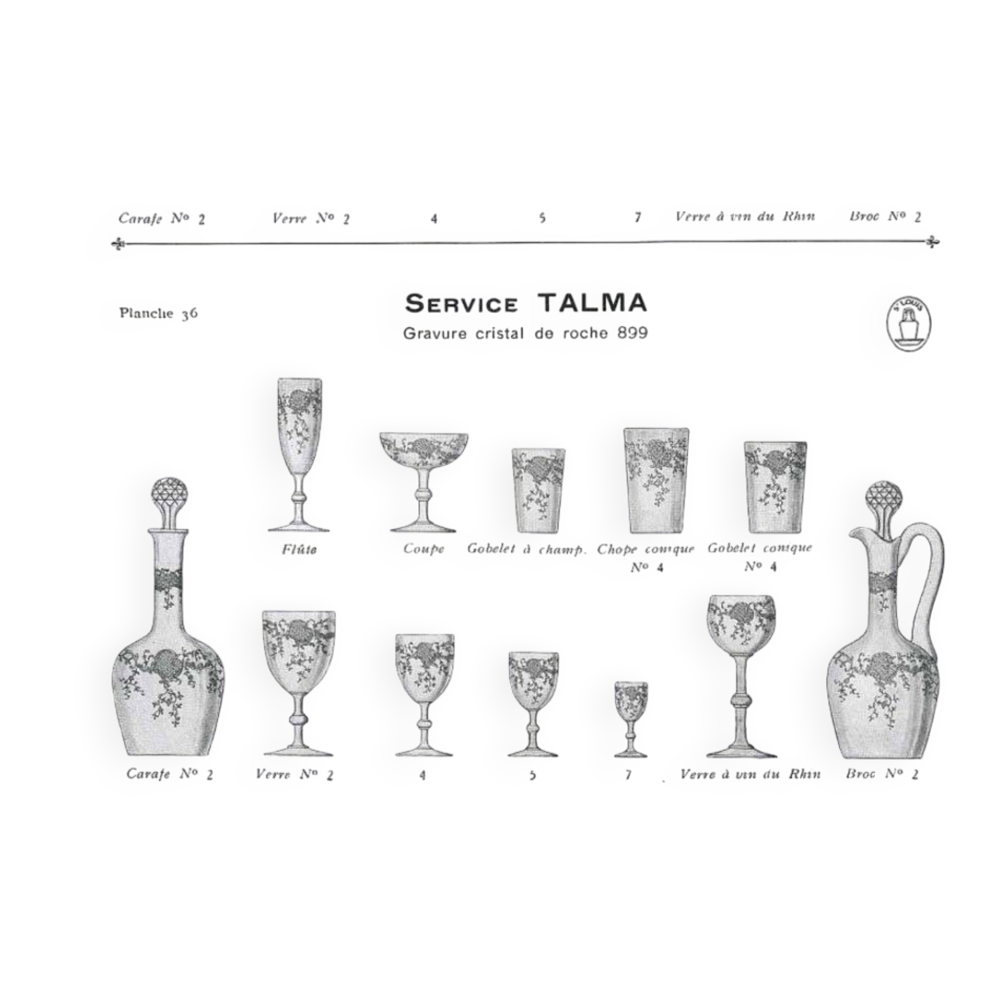 Saint-Louis set of 6 antique glasses with acid-etched rocaille and flower decoration 1920-30