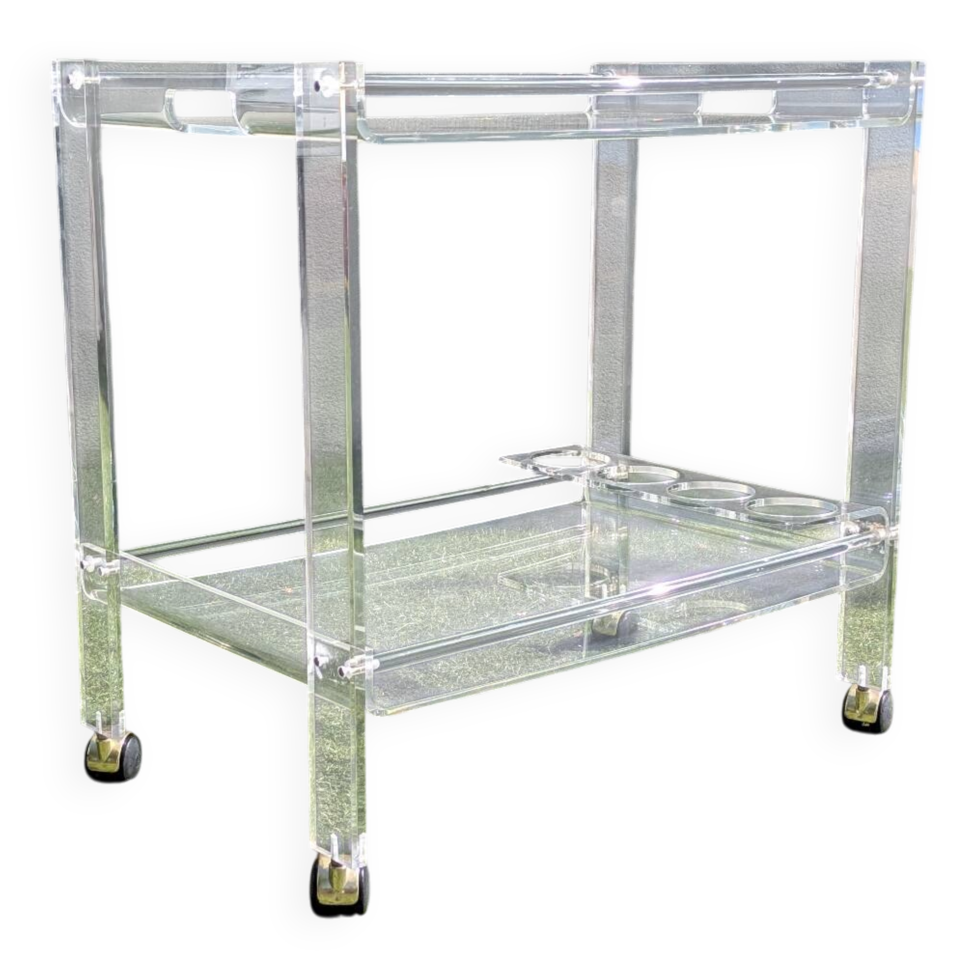 Vintage 1970s plexiglass serving trolley – integrated bottle rack