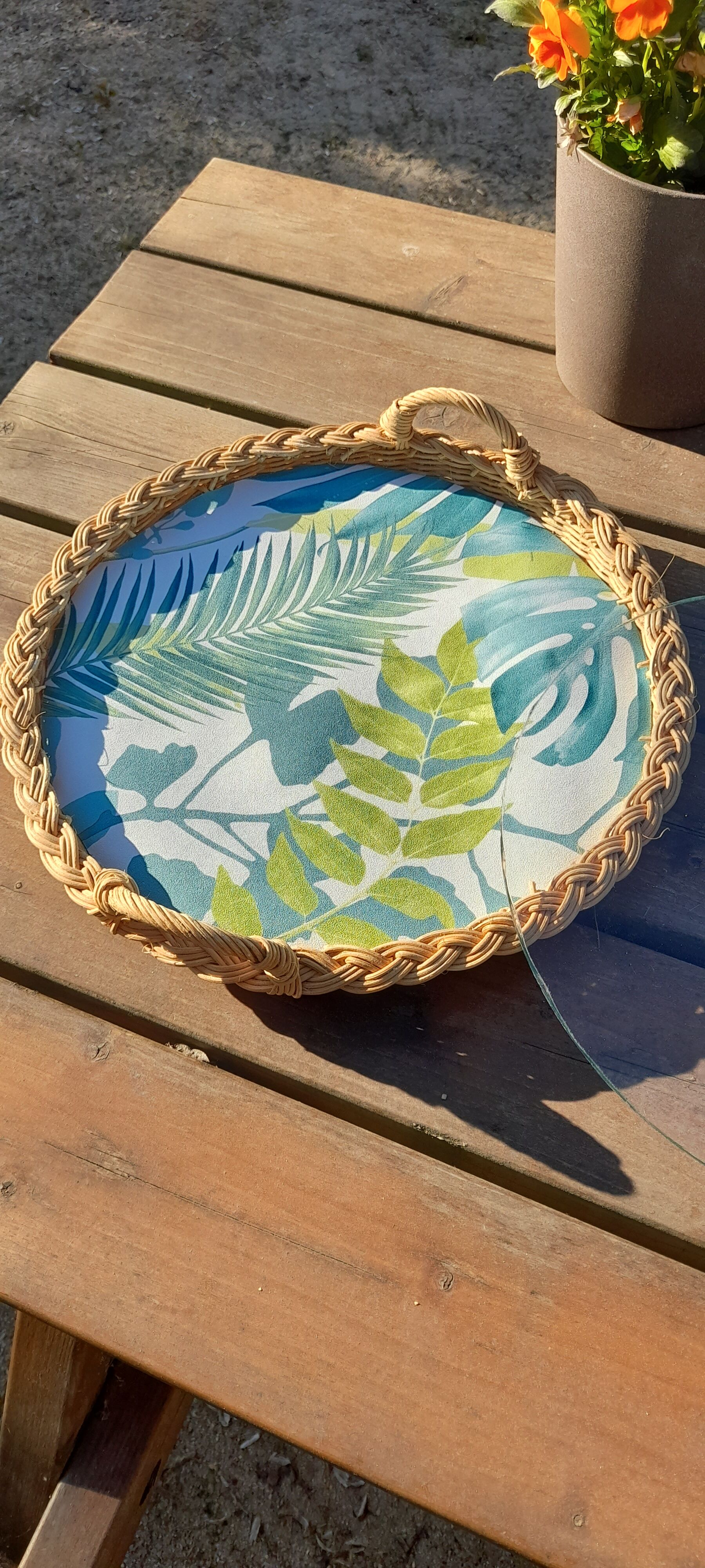 Vintage rattan tray, 2 handles, and glass top