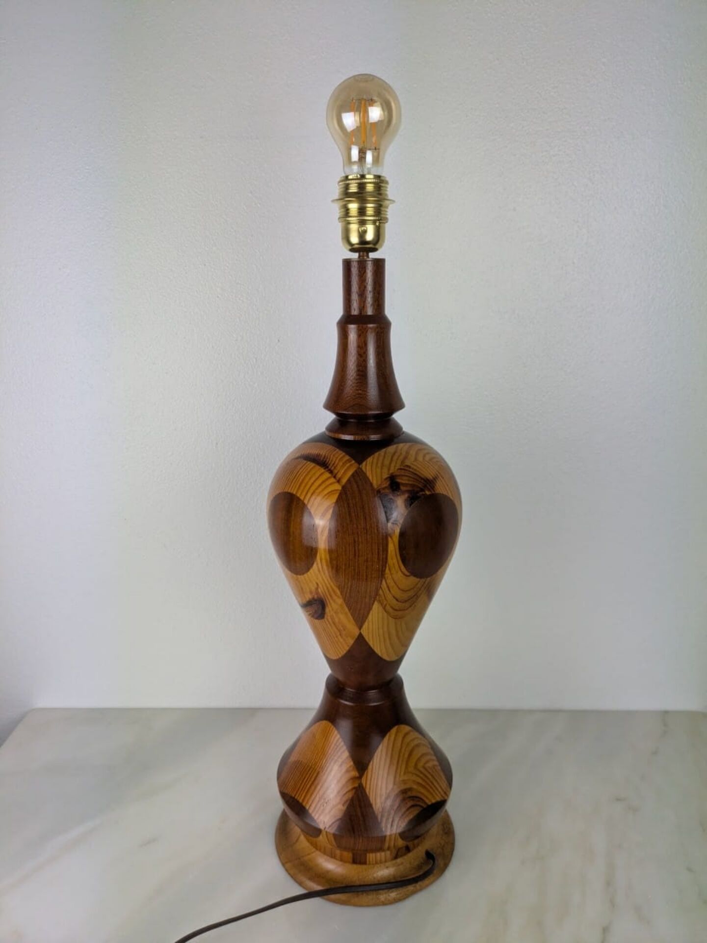 Vintage Marquetry Wooden Table Lamp (1970s) - 57 cm