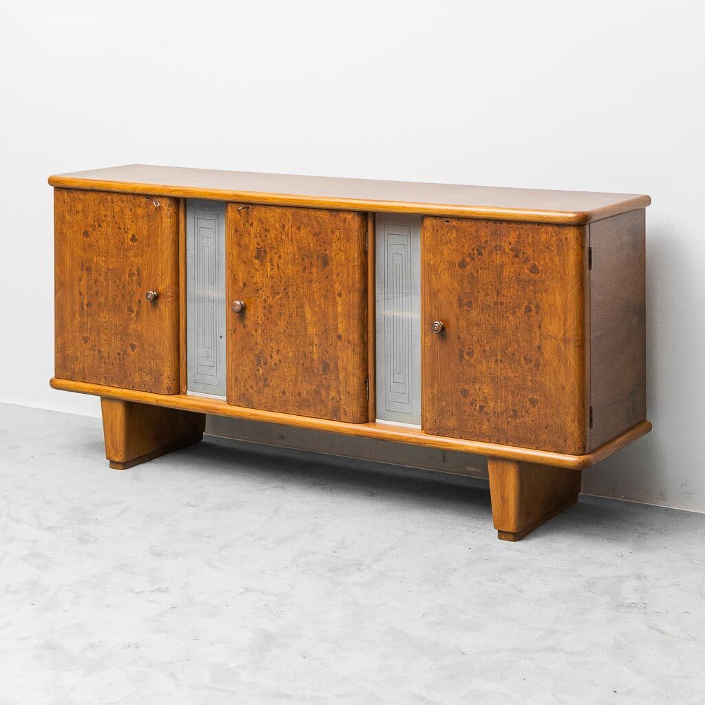Vintage walnut burl sideboard with decorative inserts, 1940s