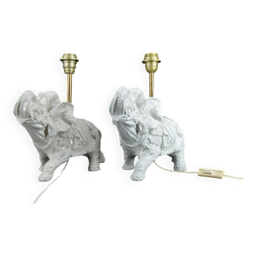 Paire de Lampes Sculpturales en Céramique Blanche , Éléphants, Italie, 1970