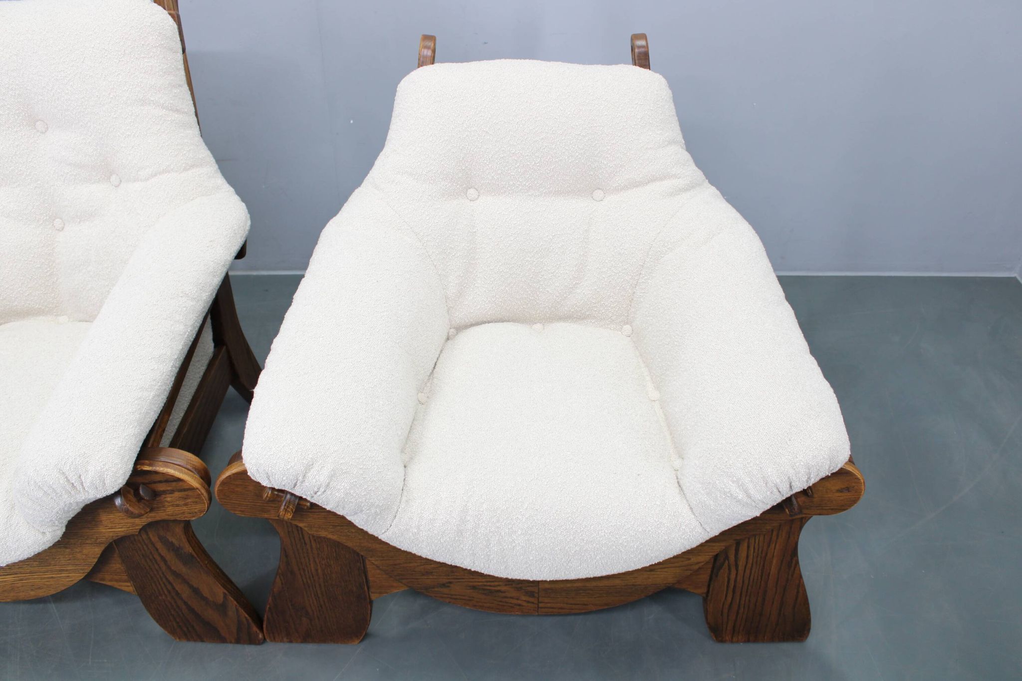 Pair of Brutalist oak armchairs, Czechoslovakia, 1970s