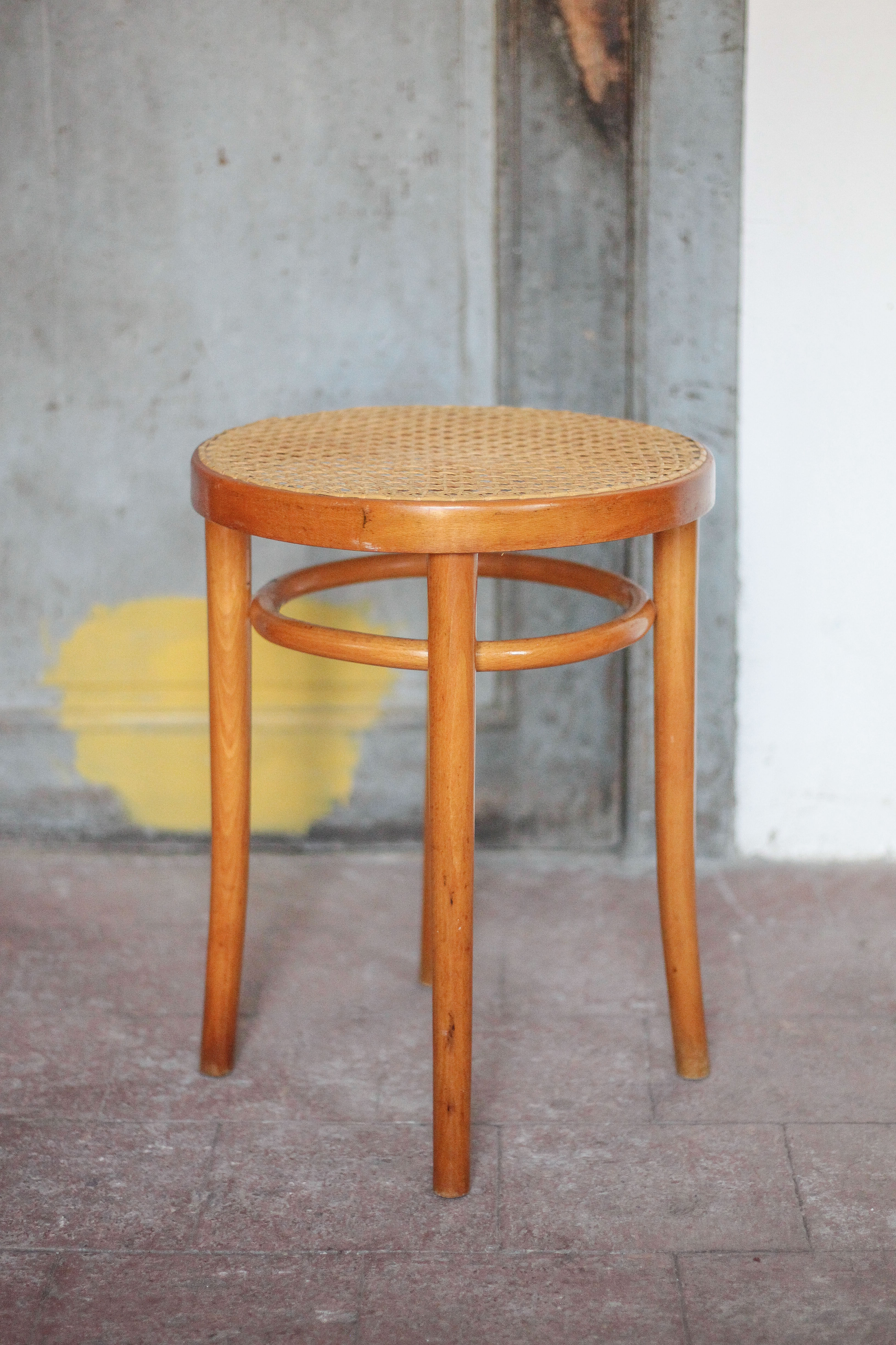 Vintage wooden and cane stool, stool made in Romania, wooden stool