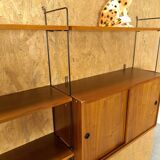 Wall rack with hanging cupboard, shelves and steel holders vintage