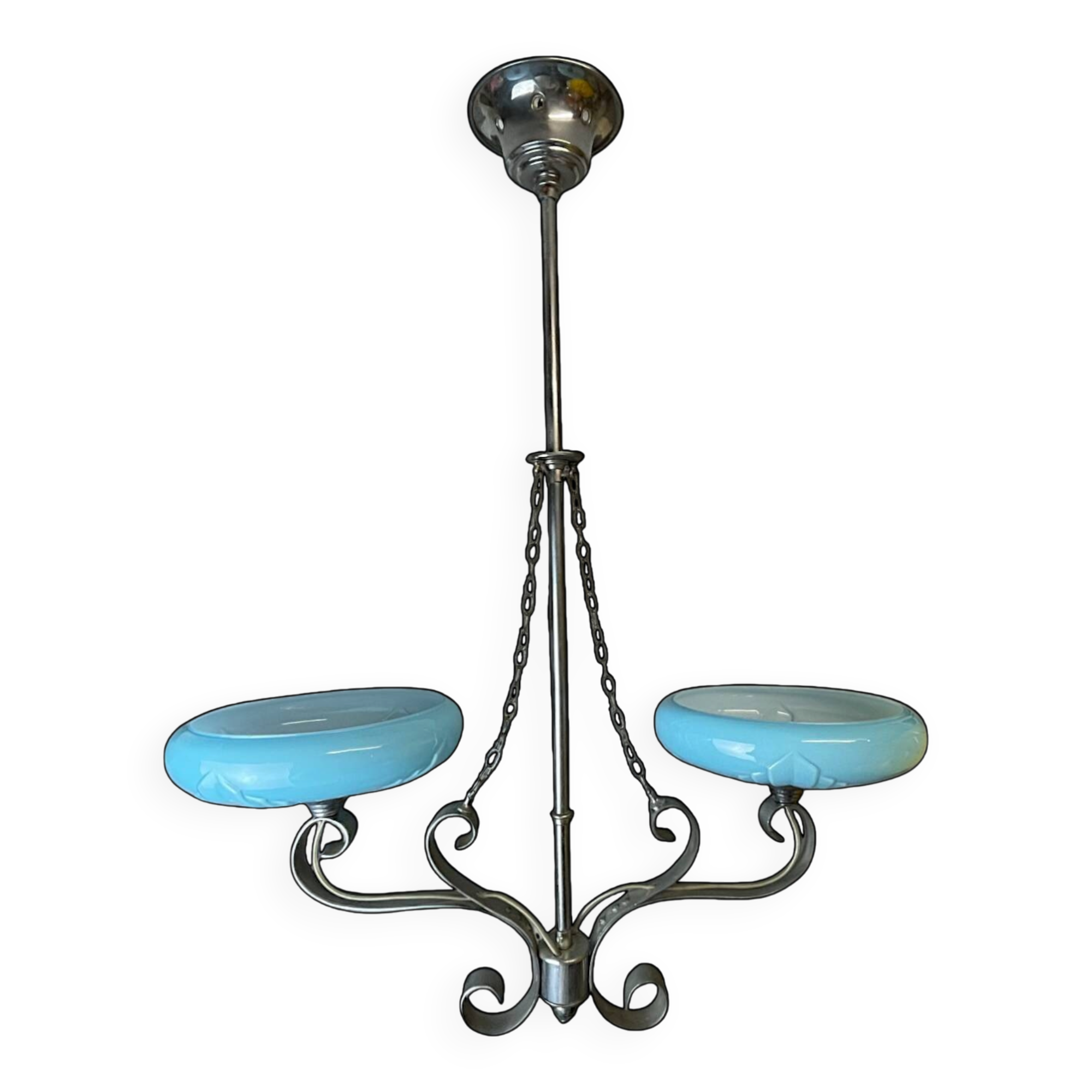 Art Deco chandelier with blue opaline glass