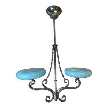 Art Deco chandelier with blue opaline glass