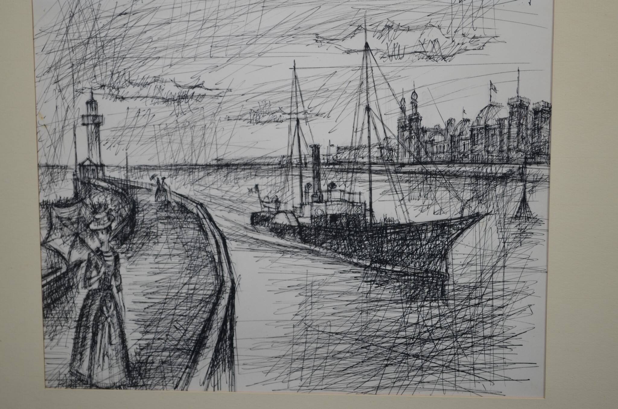 French school of the 20th century "the boat in a port with the elegant women"