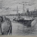 French school of the 20th century "the boat in a port with the elegant women"