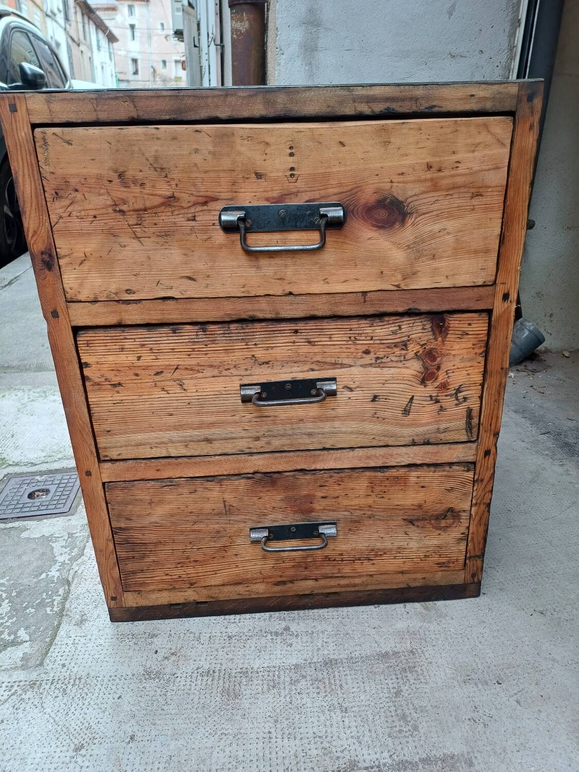 Pair of workshop furniture, solid wood, metal top 1930, 1950