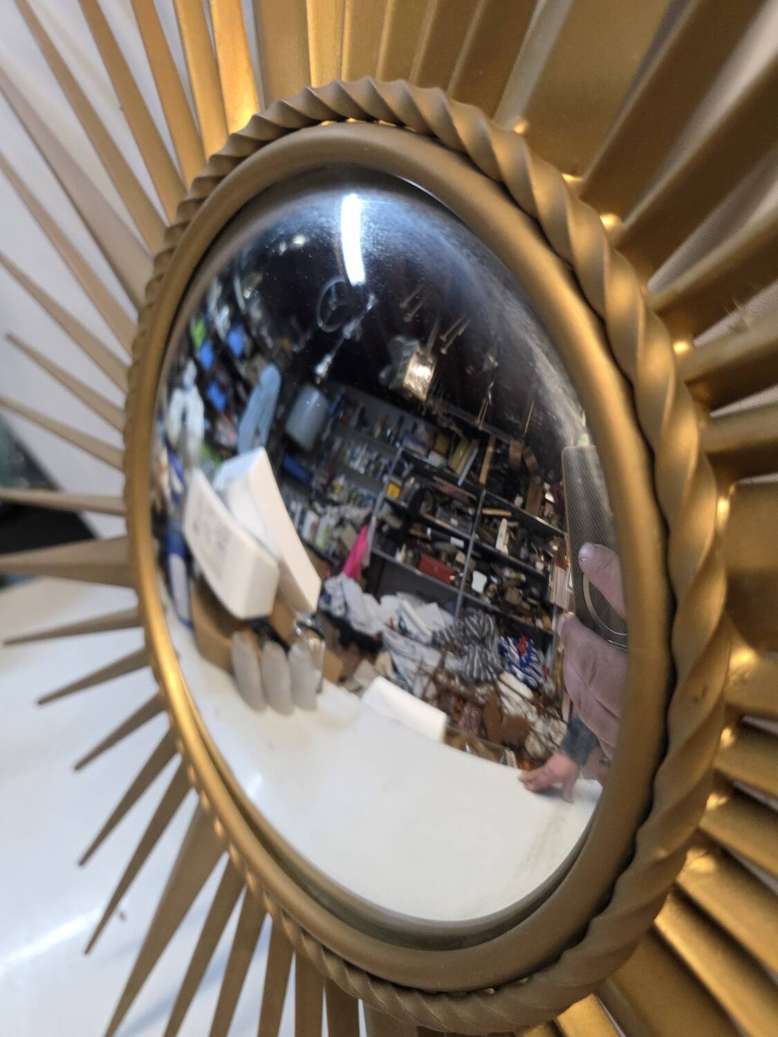 Golden metal witch's eye sun mirror from the 70s, 86cm.