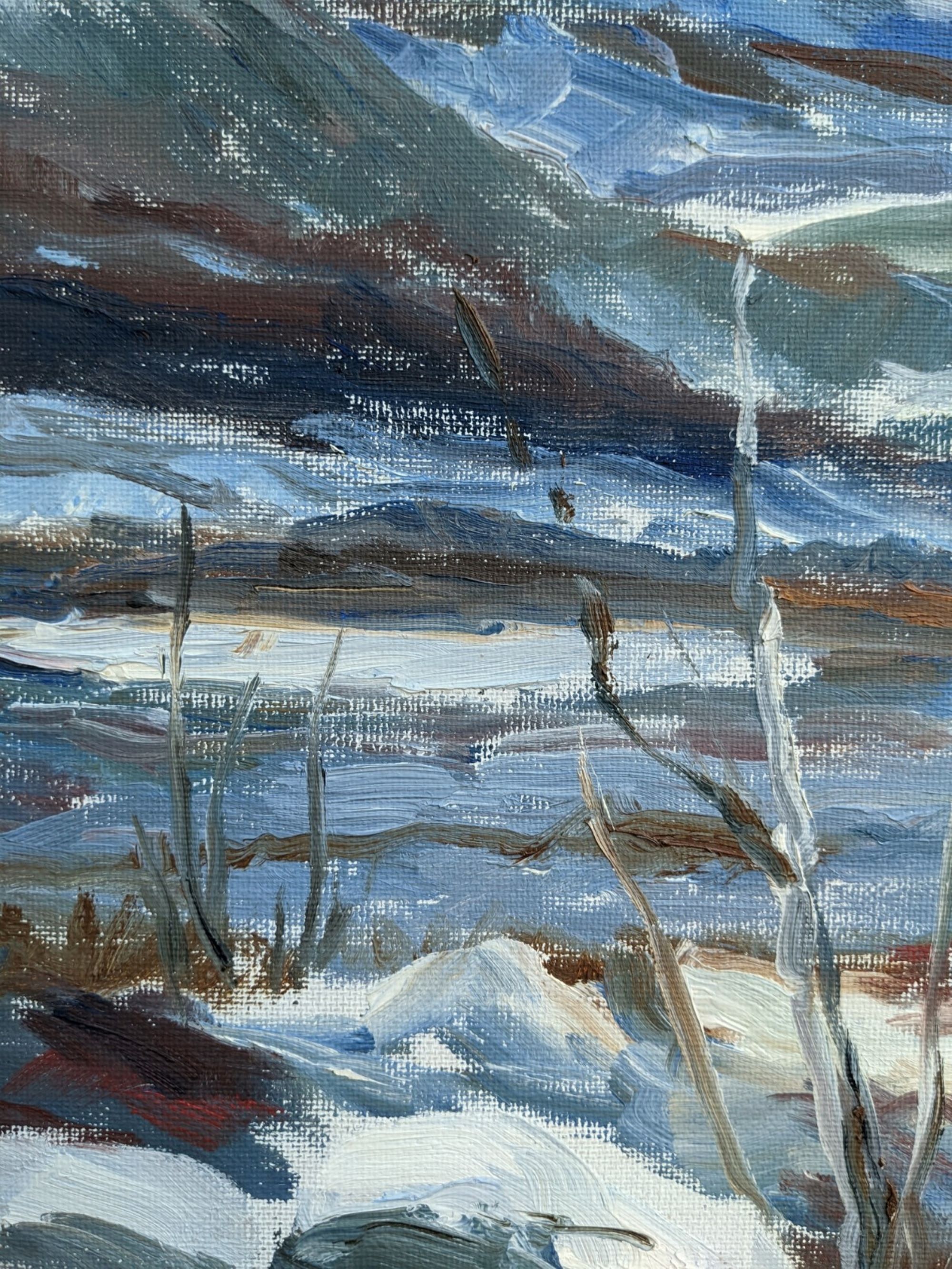 Mid 20th Century "The Mountains" Swedish Expressionist Winter Landscape Oil Painting, Framed