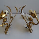 Pair of golden metal wall lights with vintage foliage flower decor