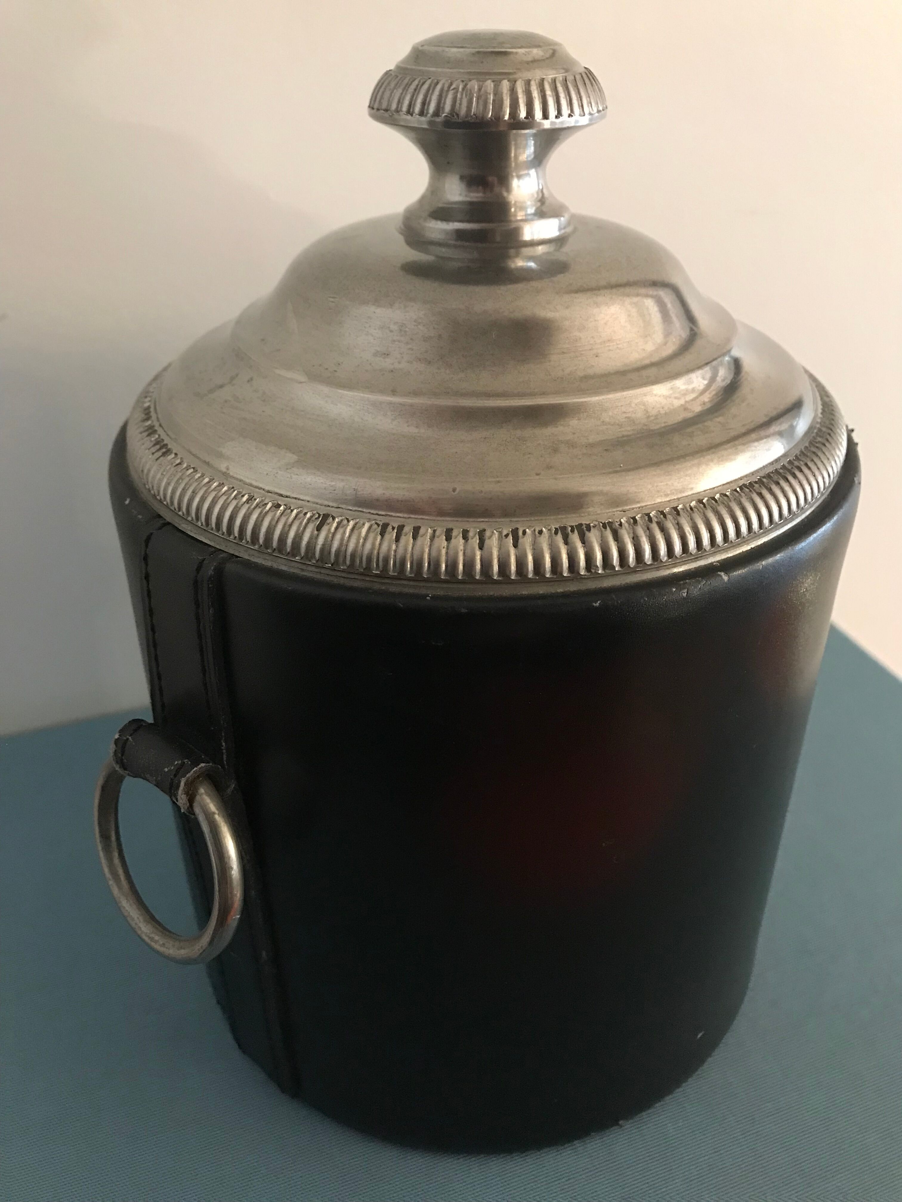 Round black leather ice bucket