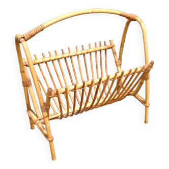 Vintage bamboo and rattan magazine rack - vinyl storage basket