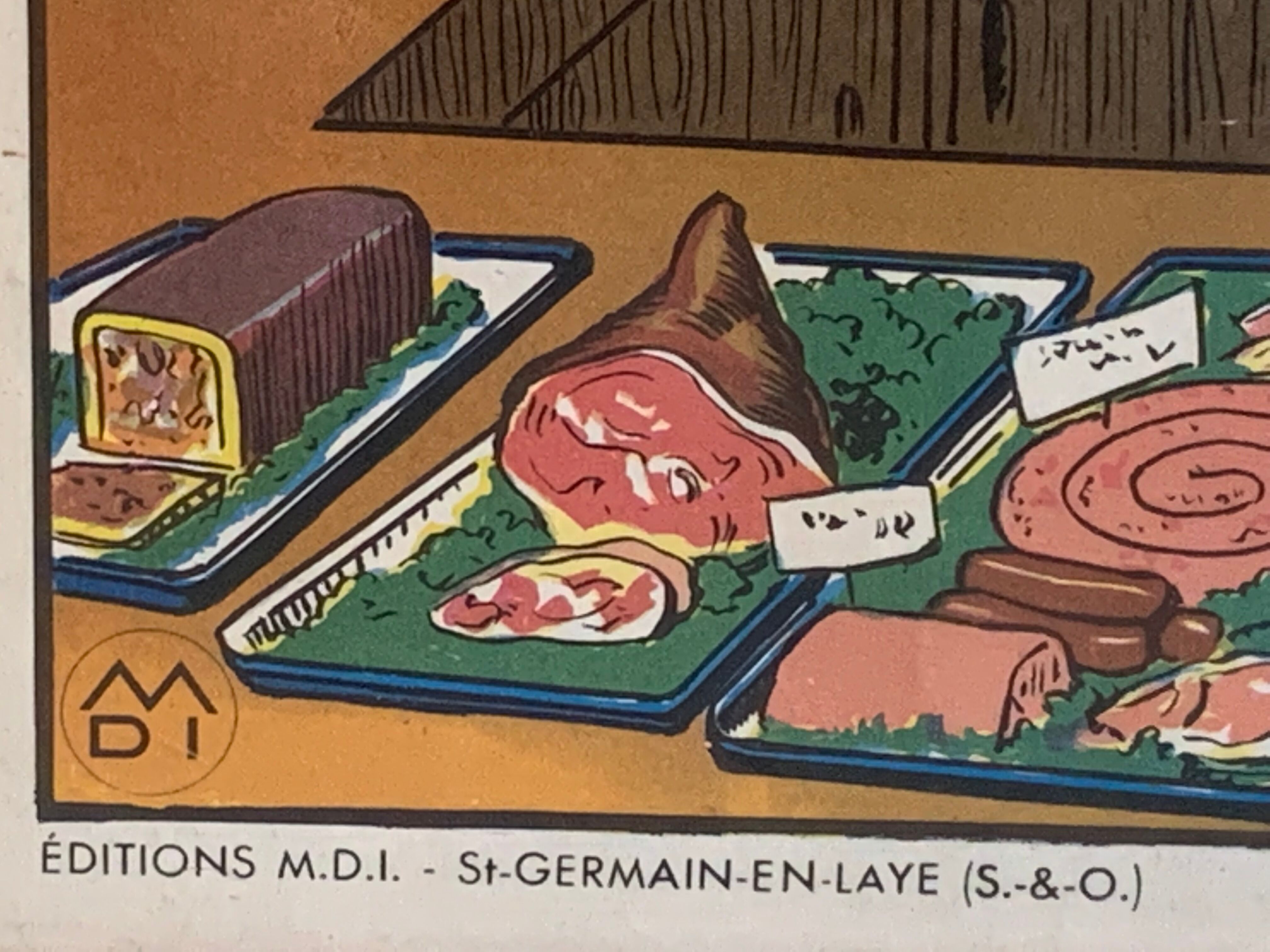 School poster 1960 framed double-sided n14bis The butcher charcutier- n 15 The garage