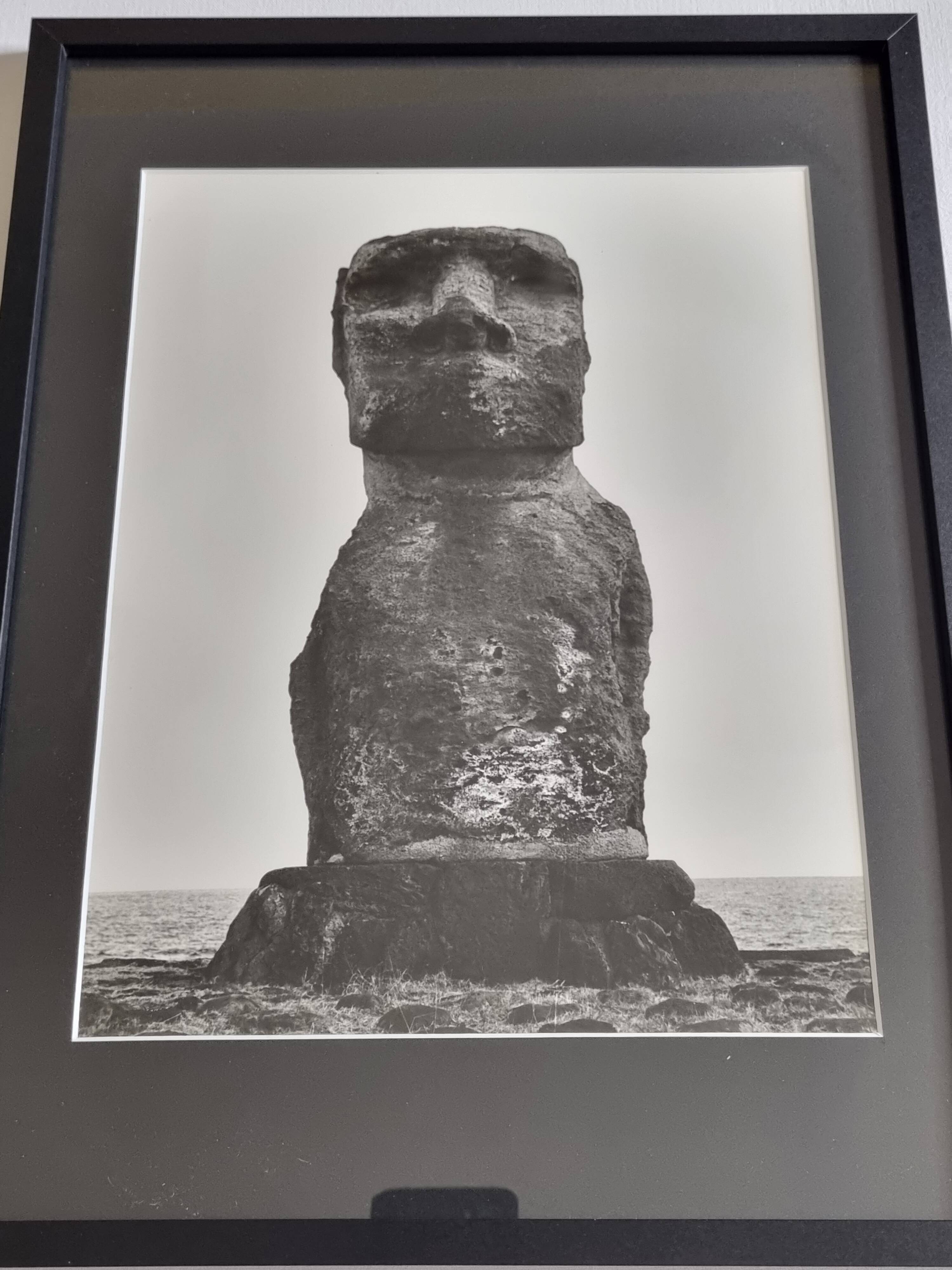 Vintage framed silver print, Moai of Easter Island, ethnological mission from 1970