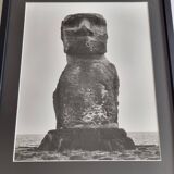 Vintage framed silver print, Moai of Easter Island, ethnological mission from 1970