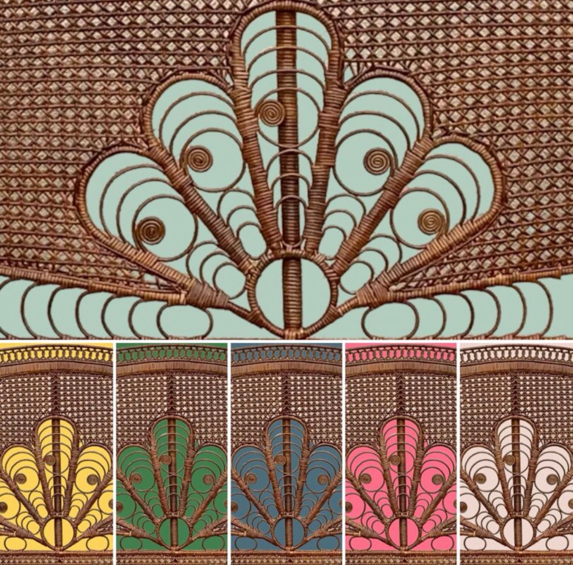 Large vintage headboard in woven rattan fan / Peacock 180cm