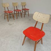 Set of 4 Ton (Thonet) red wooden chairs from the 1960s.