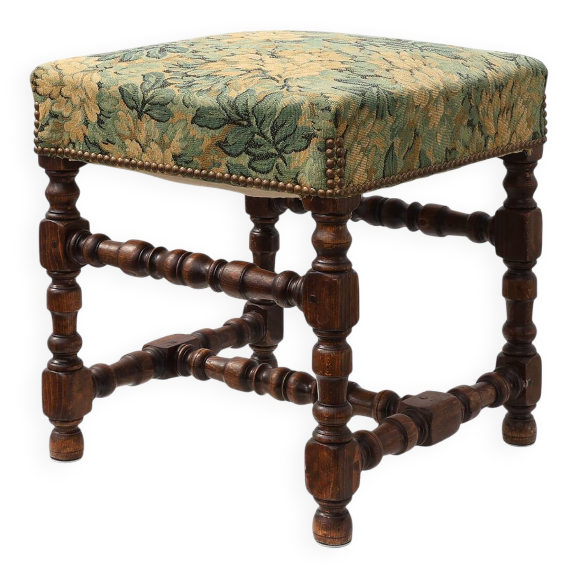 Louis XIII‑Style Walnut Stool with Floral Tapestry Seat, France, circa 1840