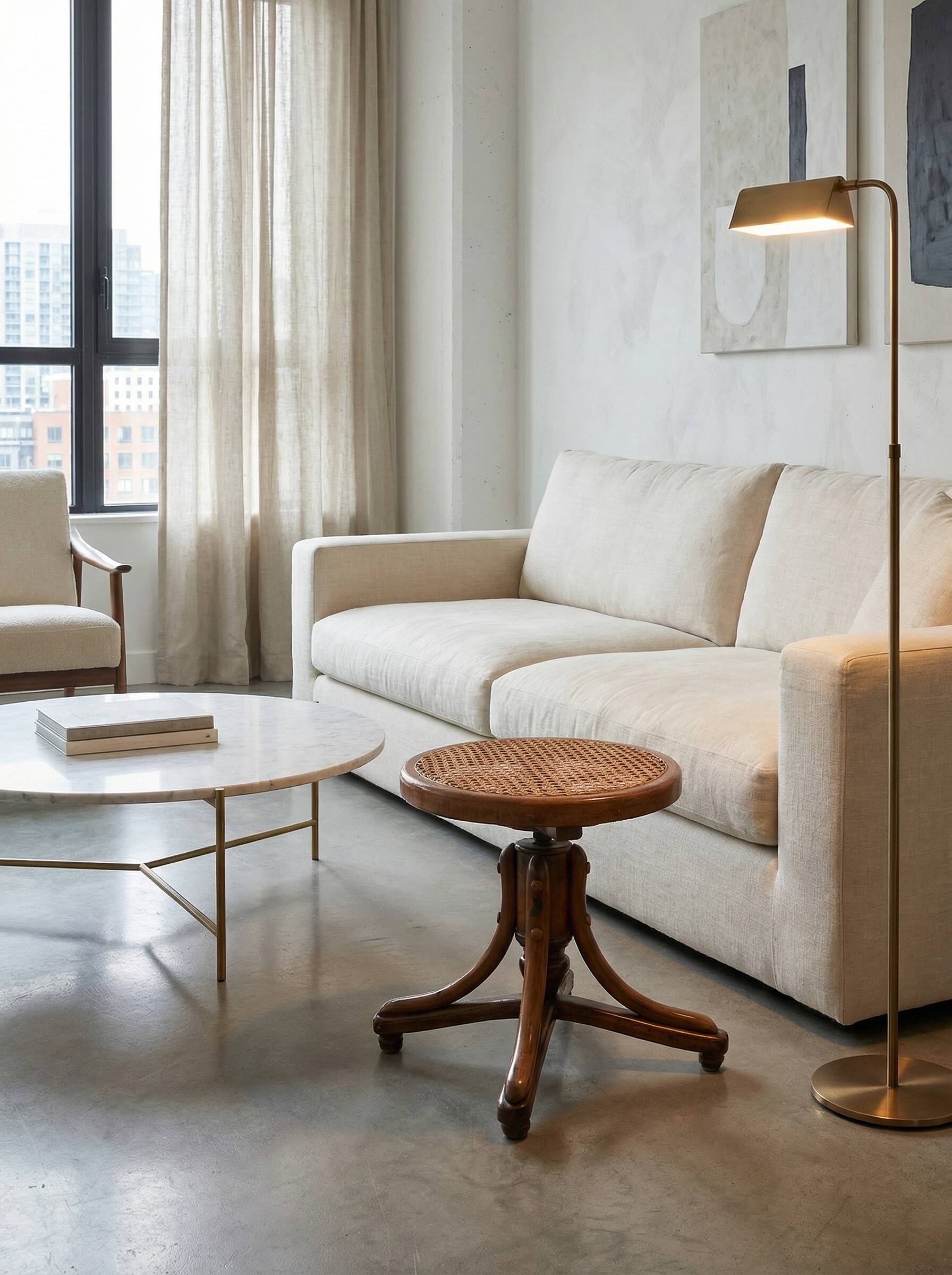 Sgabello da Pianoforte in Faggio Curvato e Paglia di Vienna