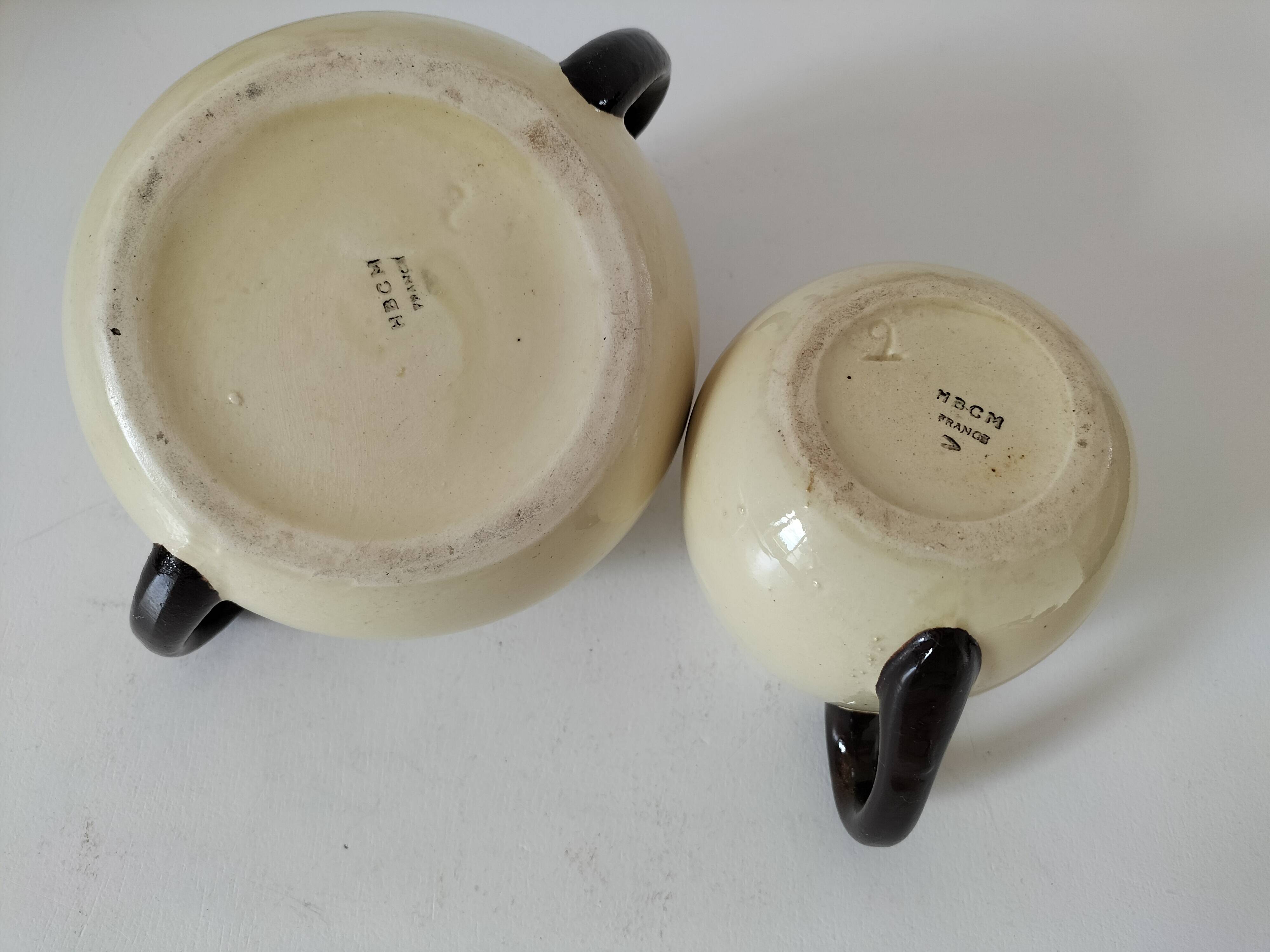 HBCM Sugar Bowl and Milk Jug Duo - Vintage Cream and Brown Earthenware