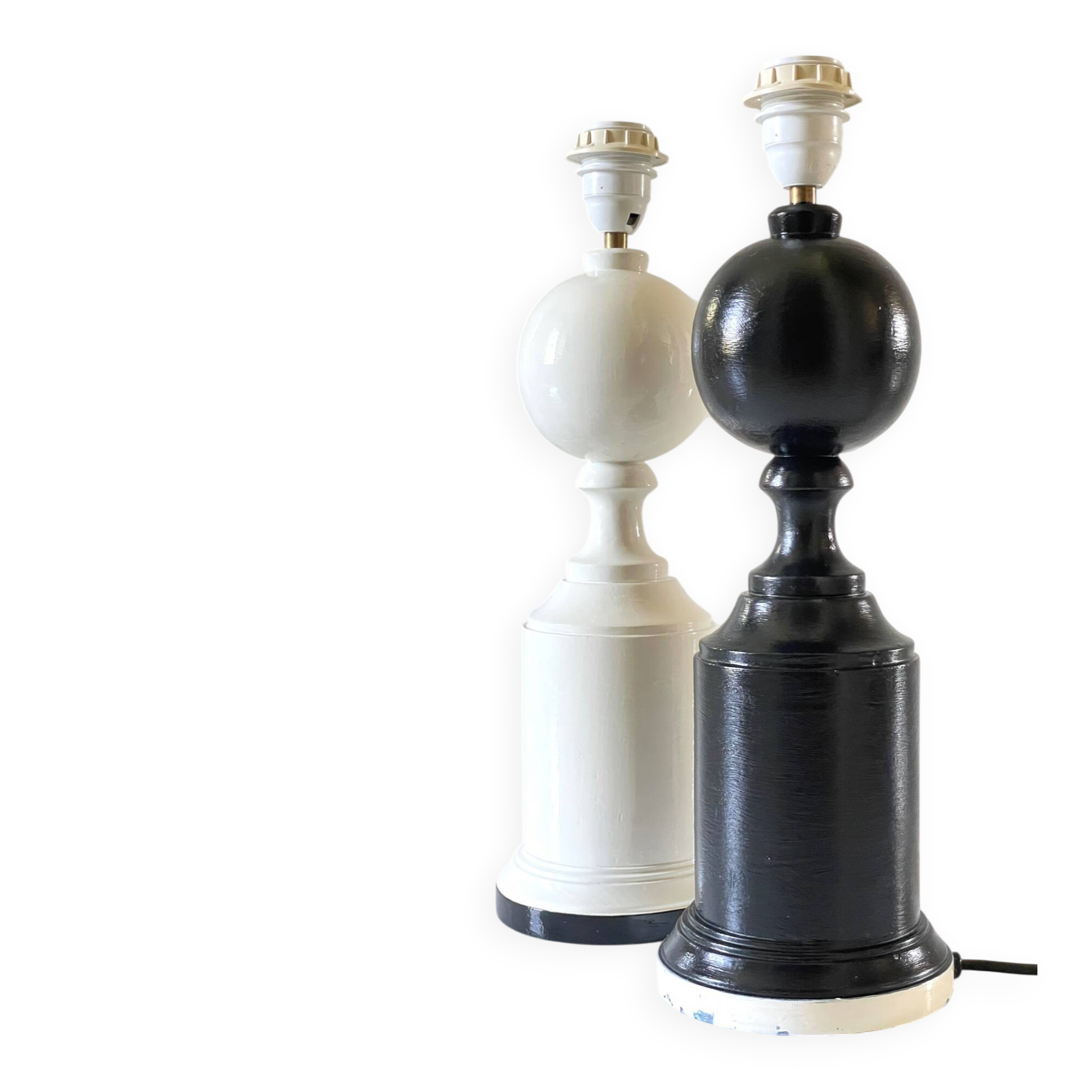 2 large black and white turned wood vintage lamp bases.