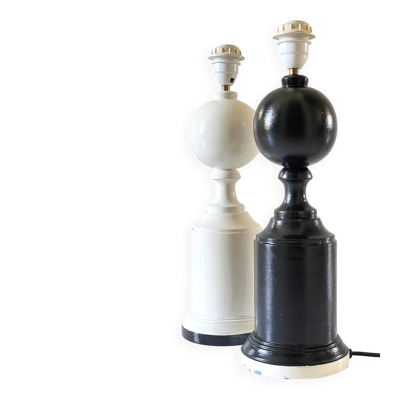 2 Grands pieds de lampes noir et blanc bois tourné Vintage