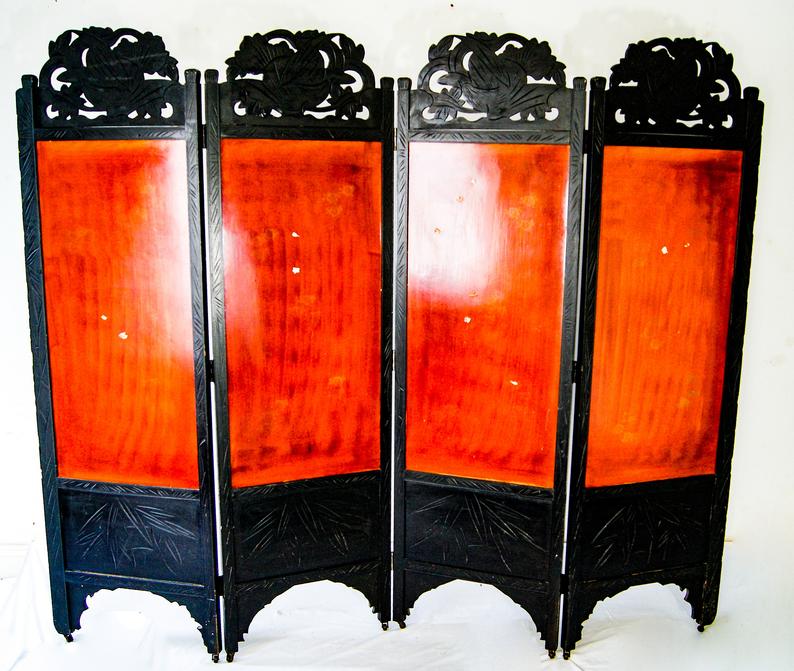 Early 20th century 4 panel room divider folding screen with 3d birds
