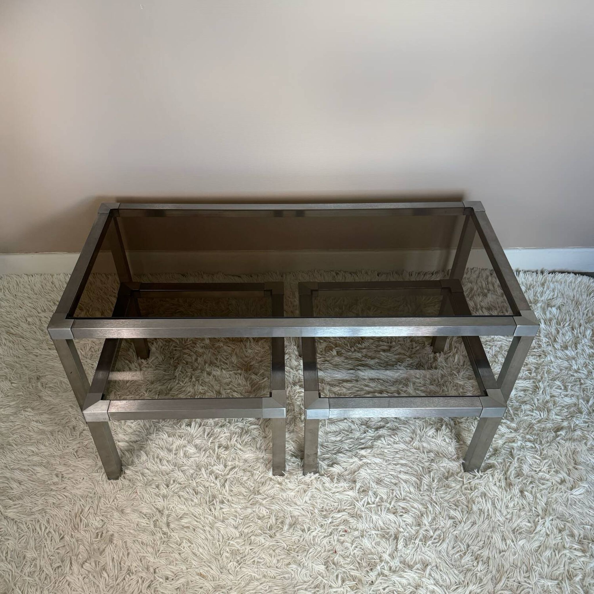 Table basse acier brossé design années 70 et gigognes