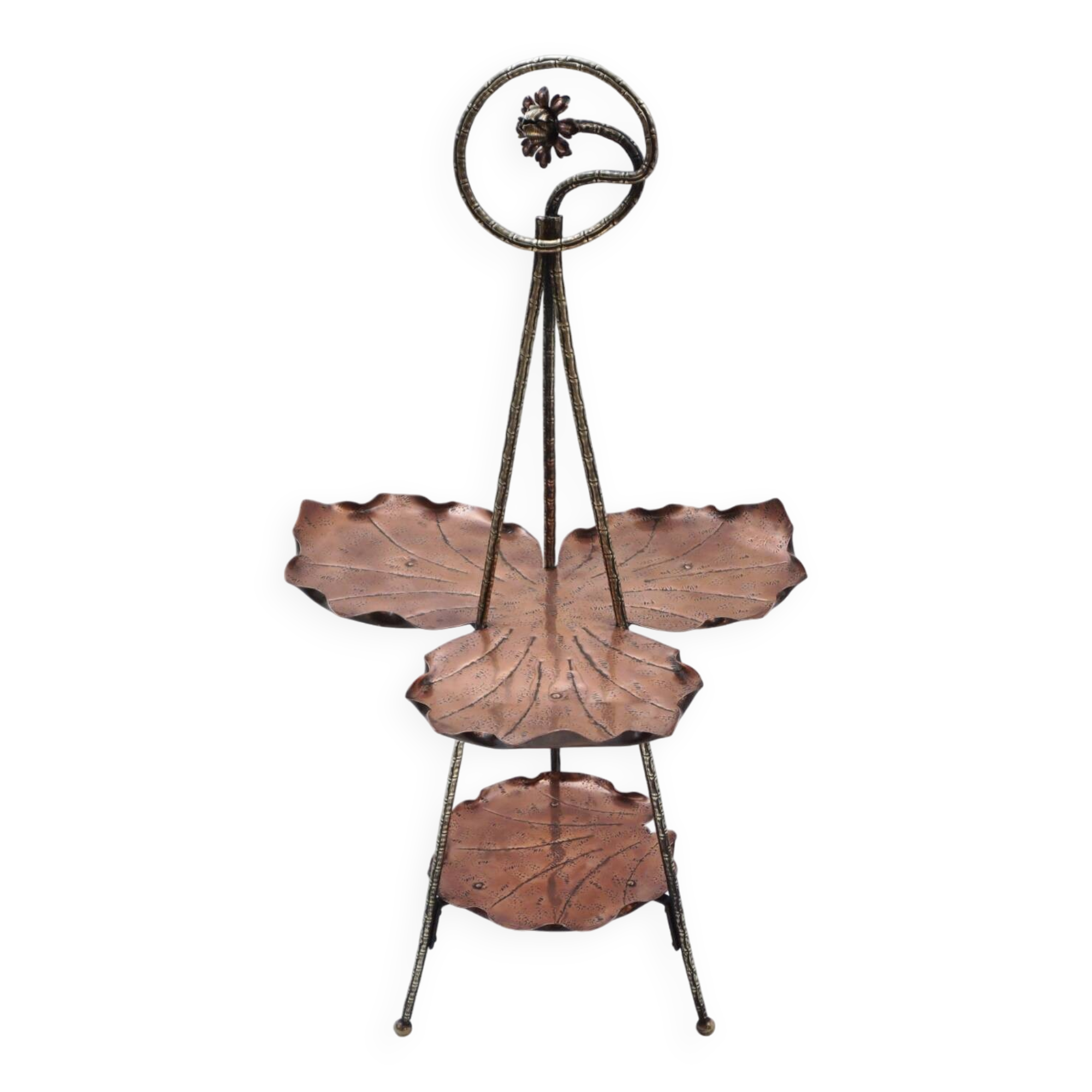 Présentoir à gâteaux antique en laiton, bambou et cuivre, acanthe, mouvement esthétique, Townshends, années 1880