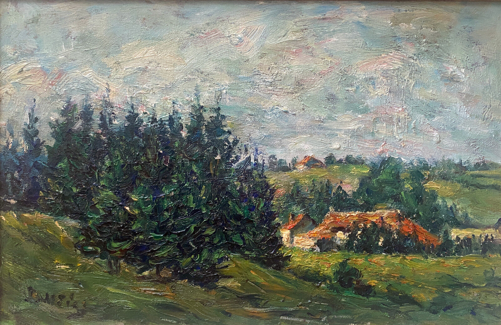 HST painting "Hilly landscape of the Jura" by Julien DURIEZ (1900-1993) 1954 + frame