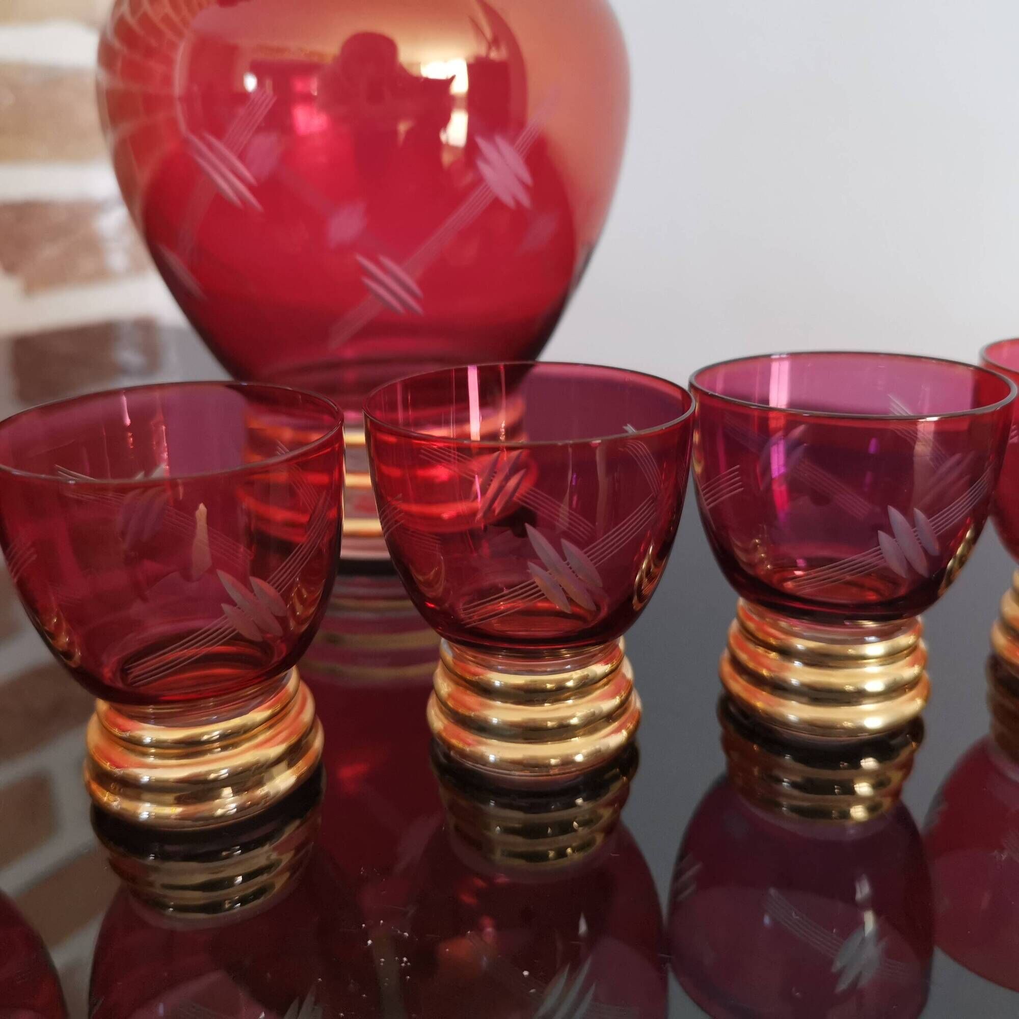 Set of 7 Art Deco glasses and carafe, Verrerie de Monaco Monte Carlo