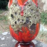 Fat lava vase in glazed ceramic vintage orange/red 70s