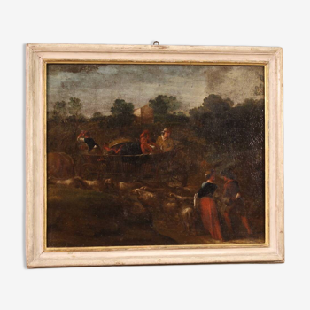 Tableau paysage scène pastorale avec char du XVIIIe siècle