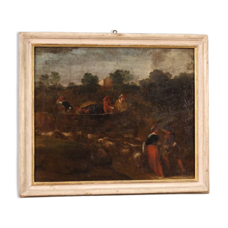 Tableau paysage scène pastorale avec char du XVIIIe siècle