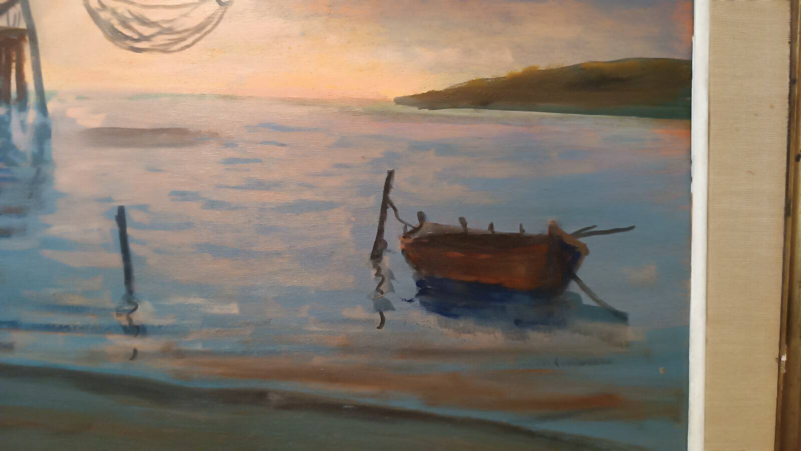 Oil painting on faesite 70s mouth of the Arno Pisa