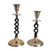 2 candle holders in brass and ceramic 1950