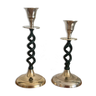 2 candle holders in brass and ceramic 1950