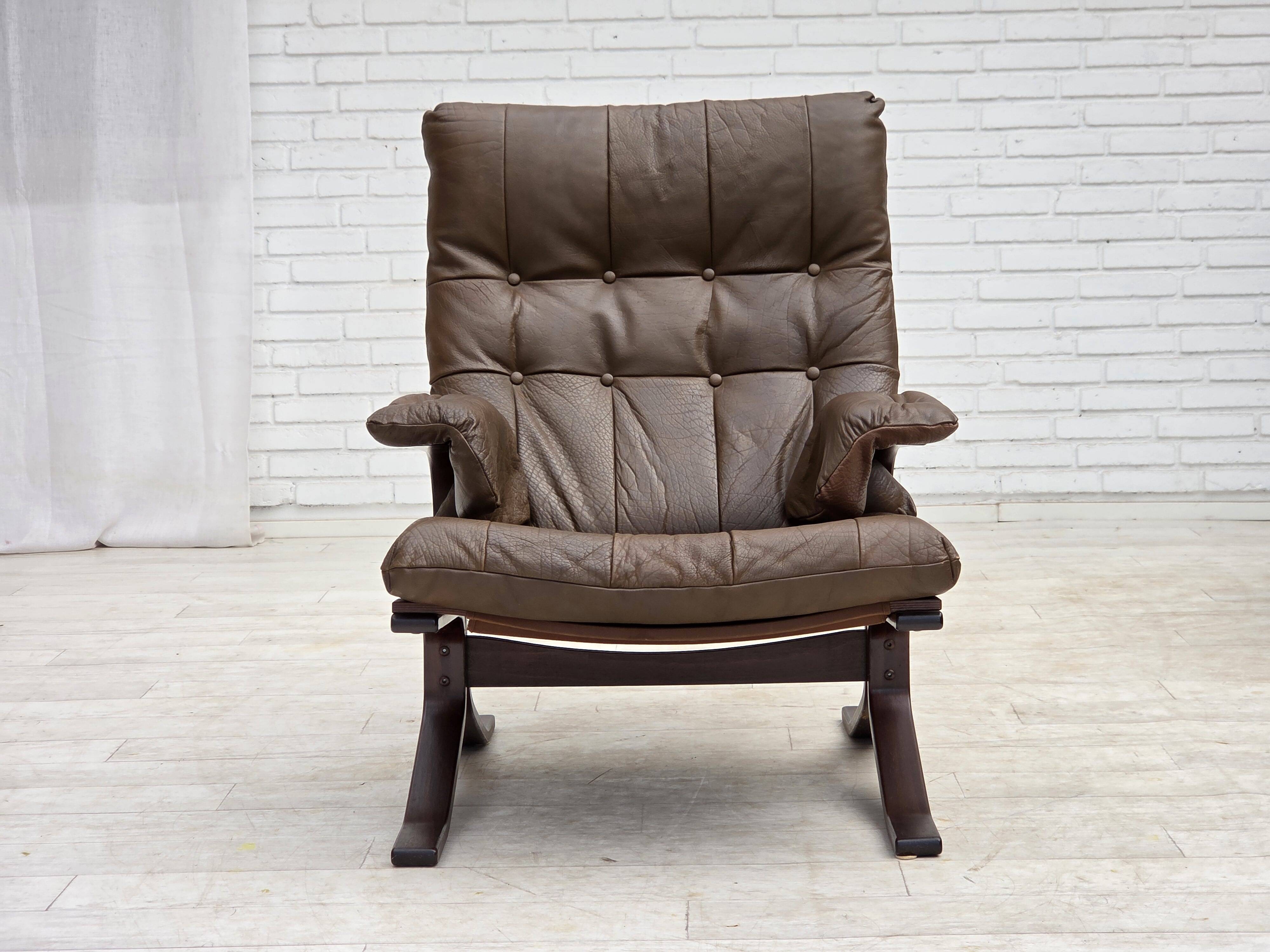 Fauteuil en cuir de meuble marron, années 1970, design scandinave,