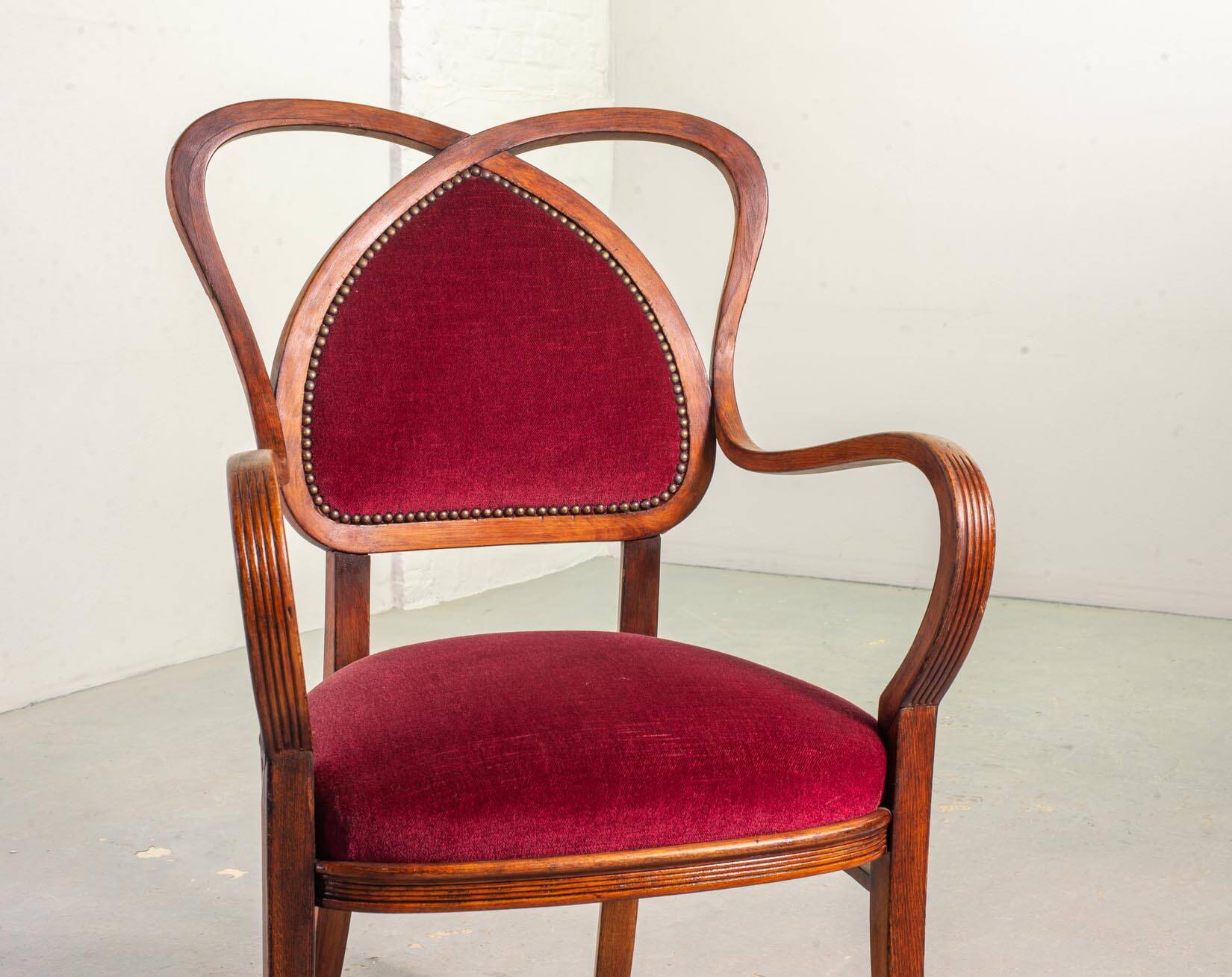 Red Velvet Heartshaped Wooden Vintage Design Side Chairs. Set of 2. 1950s