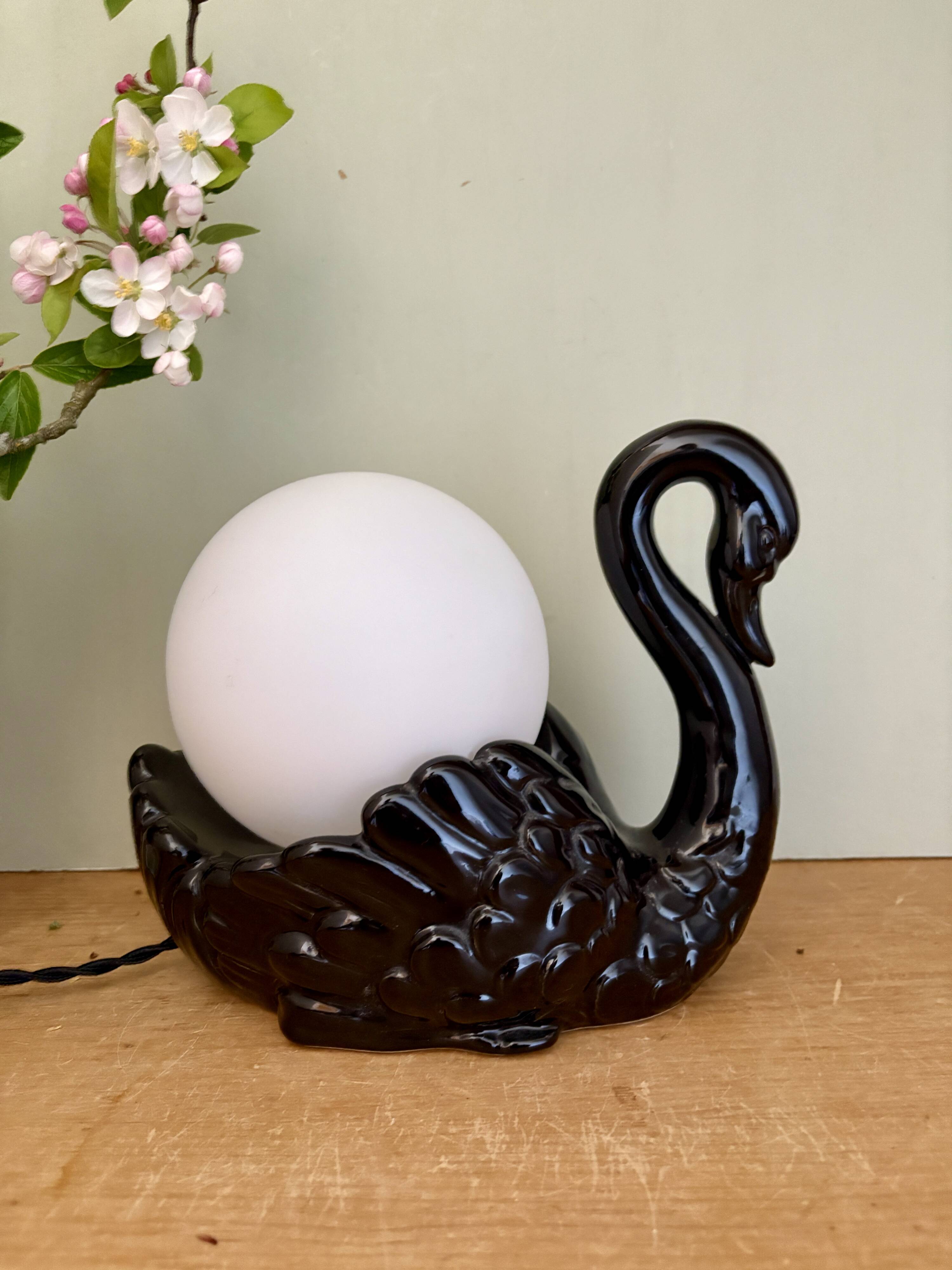Vintage lamp, black ceramic swan and white opaline globe