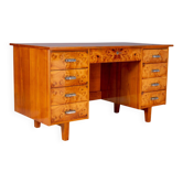 Bureau des années 50 avec placage en ronce et huit tiroirs, Tchécoslovaquie, 140,5 × 69,5 × 77,5 cm